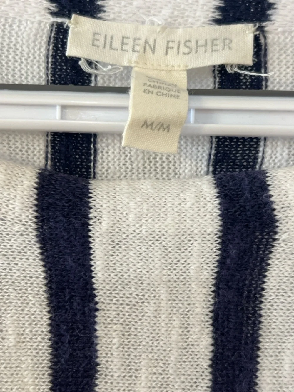 Eileen Fisher Organic Linen Cotton Striped Sweater M Navy Cream Button Shoulder - Picture 2 of 5